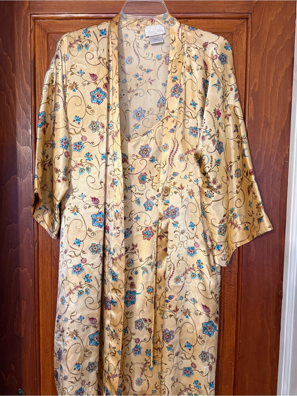 Vintage Floral Satin Kimono Robe & Slip Dress Set By Inner Most